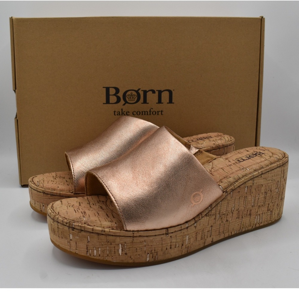 Born Women 11 Shilo Rose Gold Metallic Leather Platform Wedge Slides Sandals